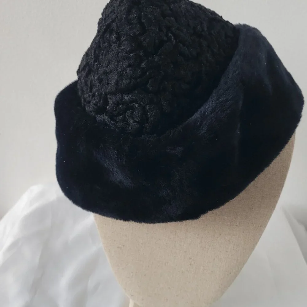 Vintage Astrakhan / Ushanka Blue/Black Winter Hat